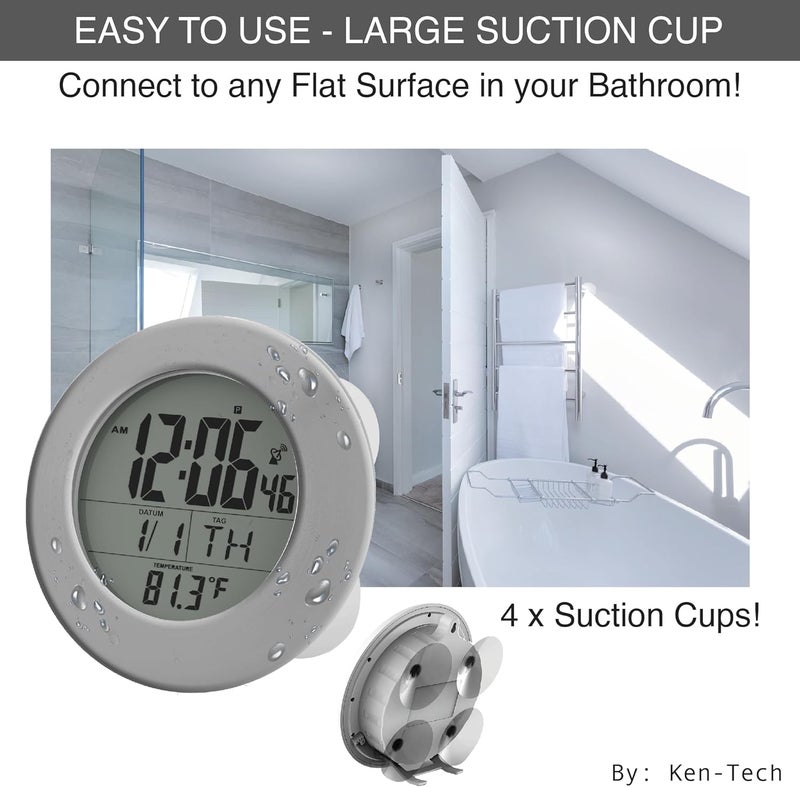 Ken-Tech Sonnet Shower Clock for Bathroom and Kitchen - Large Digital Display Shows Time, Date, Day of The Week and Temperature. Large Suction Cups, Hanging Hole, and Kick Stand - Atomic Clock - Image 5