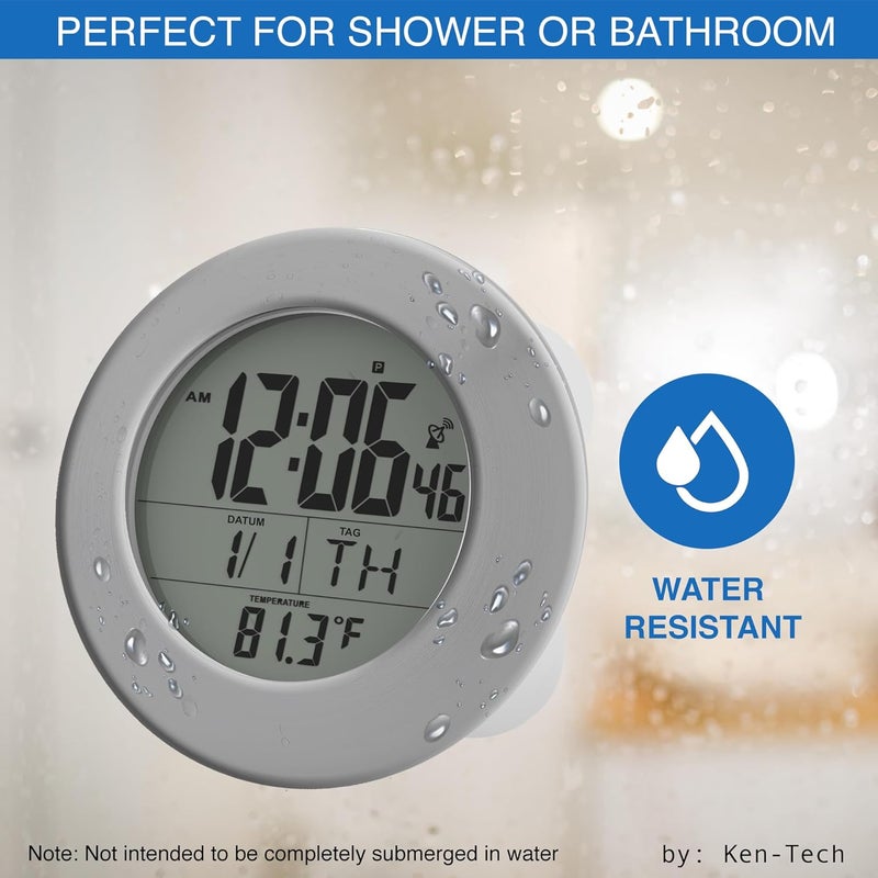 Ken-Tech Sonnet Shower Clock for Bathroom and Kitchen - Large Digital Display Shows Time, Date, Day of The Week and Temperature. Large Suction Cups, Hanging Hole, and Kick Stand - Atomic Clock - Image 2