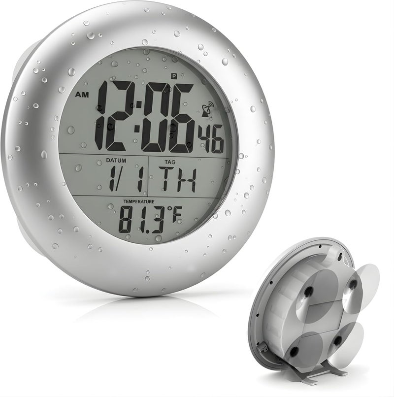 Ken-Tech Sonnet Shower Clock for Bathroom and Kitchen - Large Digital Display Shows Time, Date, Day of The Week and Temperature. Large Suction Cups, Hanging Hole, and Kick Stand - Atomic Clock - Image 1