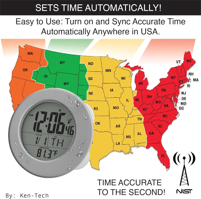 Ken-Tech Sonnet Shower Clock for Bathroom and Kitchen - Large Digital Display Shows Time, Date, Day of The Week and Temperature. Large Suction Cups, Hanging Hole, and Kick Stand - Atomic Clock - Image 3