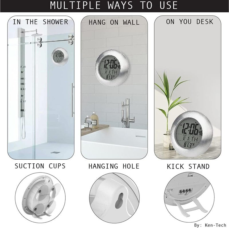 Ken-Tech Sonnet Shower Clock for Bathroom and Kitchen - Large Digital Display Shows Time, Date, Day of The Week and Temperature. Large Suction Cups, Hanging Hole, and Kick Stand - Atomic Clock - Image 4