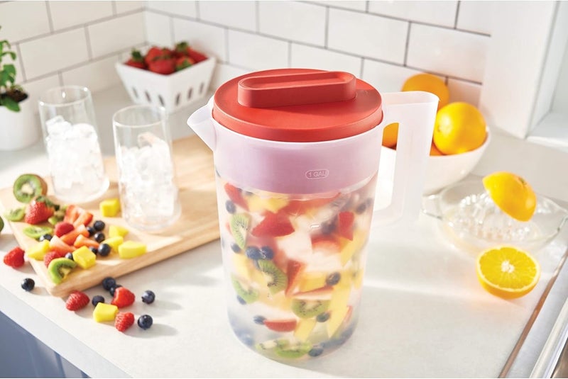 Rubbermaid 2Piece Pitcher Set with 3 Position Pour Spout Lid for Water Tea and Drinks Dishwasher Safe 1Gallon ClearRed - Image 4