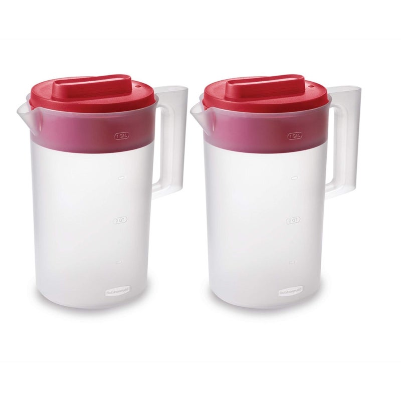 Rubbermaid 2Piece Pitcher Set with 3 Position Pour Spout Lid for Water Tea and Drinks Dishwasher Safe 1Gallon ClearRed - Image 1