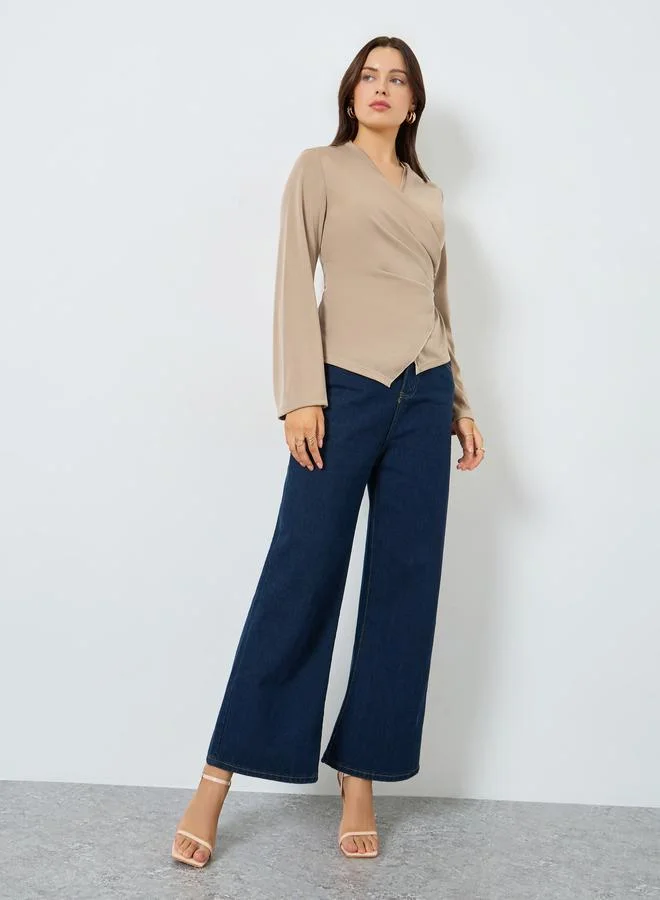 Styli Beige Solid Bell Sleeve Wrap Top