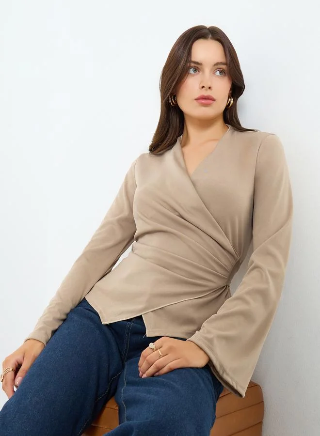 Styli Beige Solid Bell Sleeve Wrap Top
