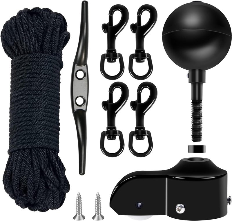 NQ Flagpole Hardware Repair Parts Kit,50 Feet Halyard Rope+3" Black Ball+6" Zinc Alloy Cleat + 4 Metal Swivel Snap Clips + Aluminum Alloy Flagpole Truck with Nylon Pulley for 1.6"-2" Flag Poles - Image 1