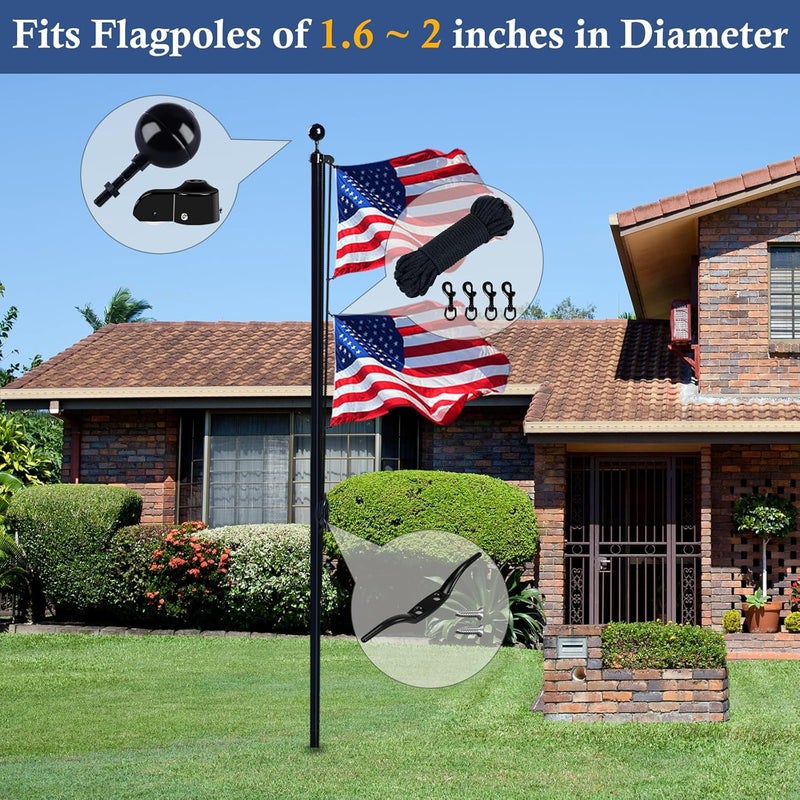 NQ Flagpole Hardware Repair Parts Kit,50 Feet Halyard Rope+3" Black Ball+6" Zinc Alloy Cleat + 4 Metal Swivel Snap Clips + Aluminum Alloy Flagpole Truck with Nylon Pulley for 1.6"-2" Flag Poles - Image 2