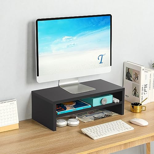TEAMIX 2 Tiers Wooden Desktop Monitor Stand Riser 20 Inch Printer Stand with Double Storage Small TV Riser Laptop Keyboard Holder Business Desk Organizer Shelf Black Bookshelf - Image 2