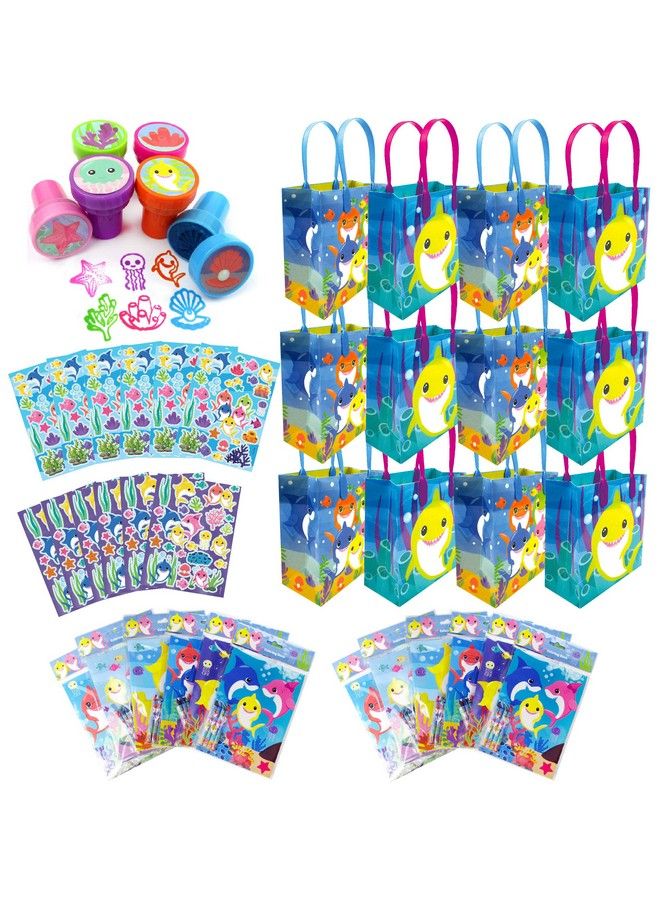 TINYMILLS Tiny Mills Shark Family Birthday Party Assortment Favor Set Of 108 Pcs (12 Large Party Favor Treat Bags With Handles 24 Selfink Stamps For Kids 12 Sticker Sheets 12 Coloring Books 48 Crayons) - Image 1