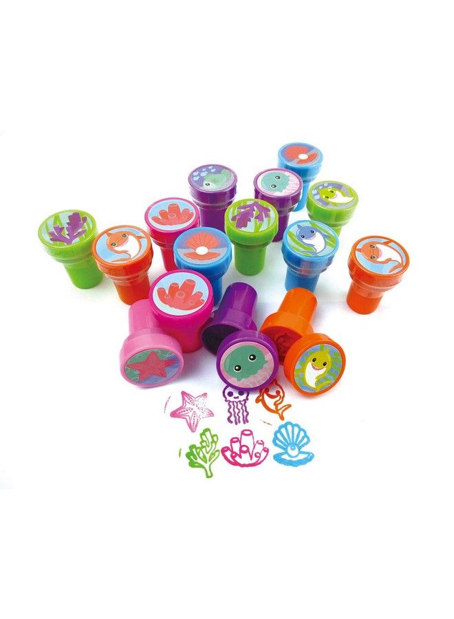 TINYMILLS Tiny Mills Shark Family Birthday Party Assortment Favor Set Of 108 Pcs (12 Large Party Favor Treat Bags With Handles 24 Selfink Stamps For Kids 12 Sticker Sheets 12 Coloring Books 48 Crayons) - Image 4