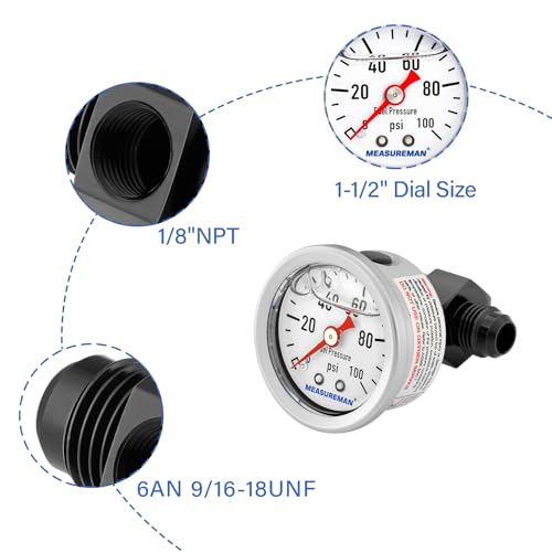 MEASUREMAN 0-100Psi Stainless Steel Glycerin Filled Fuel Pressure Gauge, 1-1/2" Dial Size, with 6AN Fuel Pressure Take Off Fitting Adapter Aluminum, 1/8" NPT Center Back Mount - Image 3