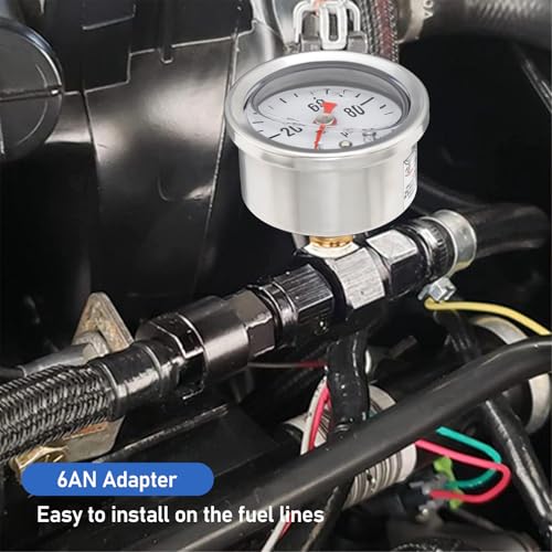 MEASUREMAN 0-100Psi Stainless Steel Glycerin Filled Fuel Pressure Gauge, 1-1/2" Dial Size, with 6AN Fuel Pressure Take Off Fitting Adapter Aluminum, 1/8" NPT Center Back Mount - Image 4