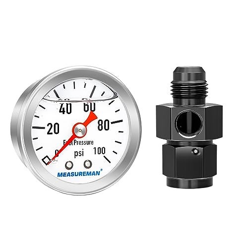 MEASUREMAN 0-100Psi Stainless Steel Glycerin Filled Fuel Pressure Gauge, 1-1/2" Dial Size, with 6AN Fuel Pressure Take Off Fitting Adapter Aluminum, 1/8" NPT Center Back Mount - Image 1