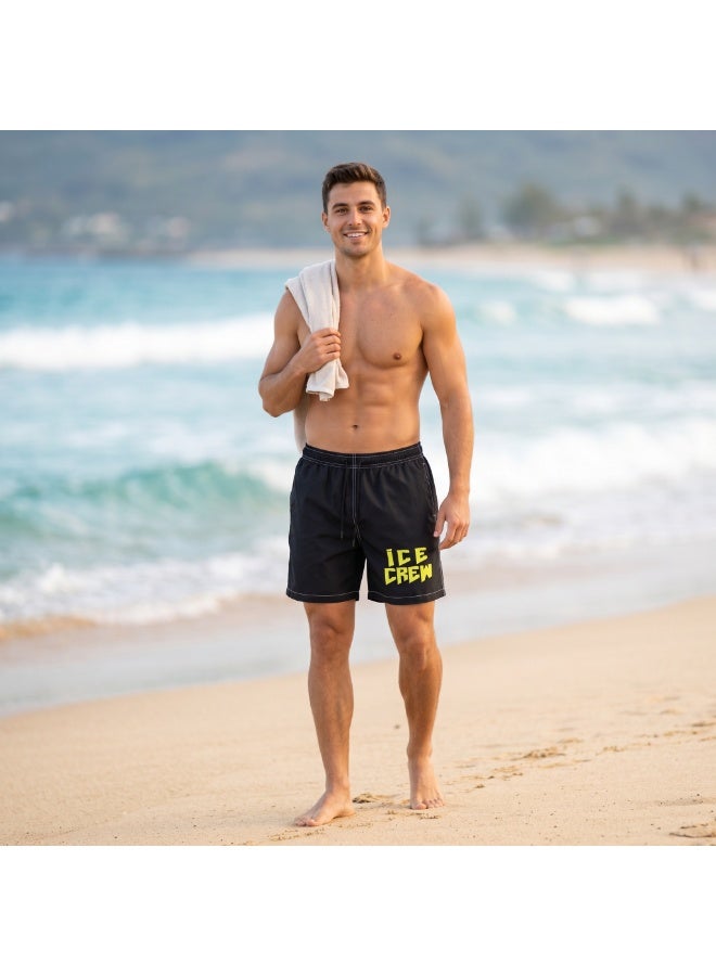 IceZone Men's Quick-Dry Swim Trunks, Black Board Shorts with Ice Crew Graphic & Mesh Lining - Image 1
