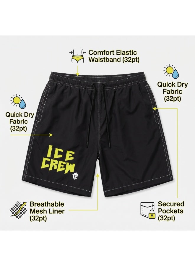 IceZone Men's Quick-Dry Swim Trunks, Black Board Shorts with Ice Crew Graphic & Mesh Lining - Image 2