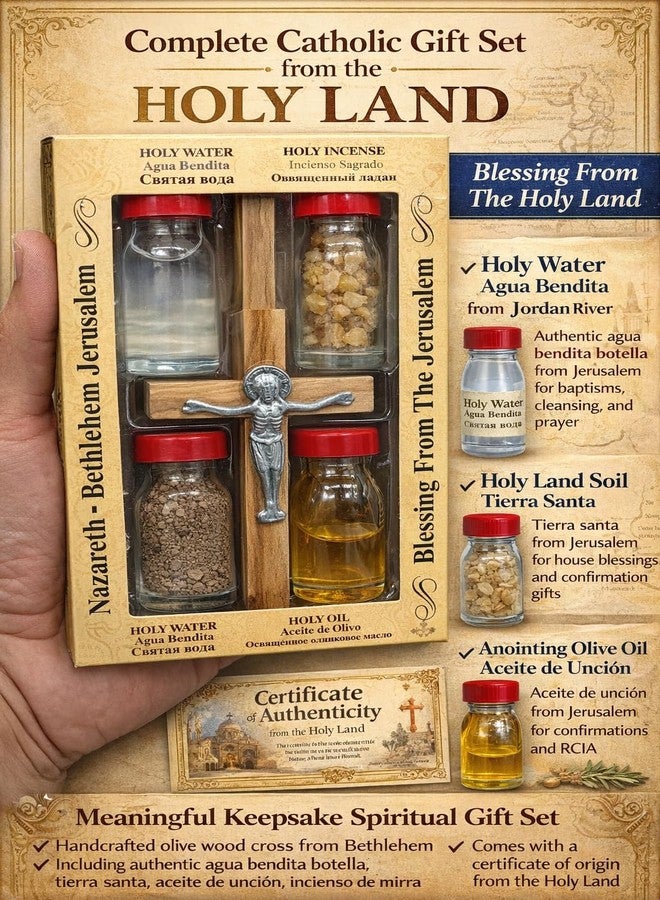 Zuluf Holy Land Set 5 In1 Olive Wood Cross Set with 4 Bottles - Oil, Jordan Water,Holy Land Essences & Holy Earth with Certificate - Image 4