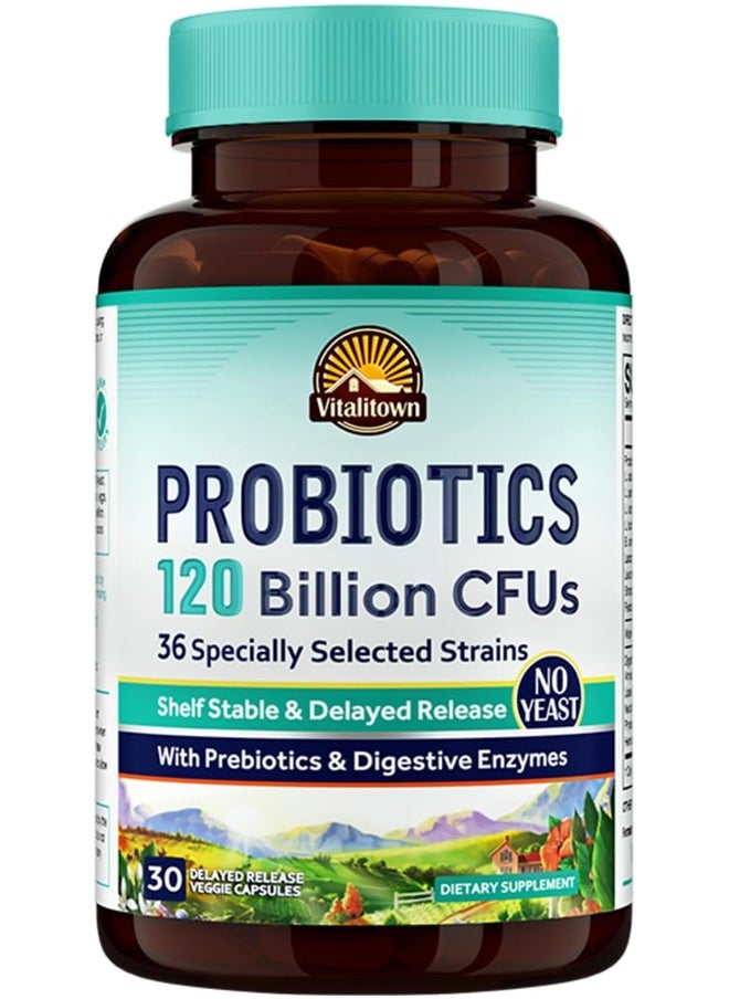 Vitalitown Vitalitown 120 Billion CFUs Probiotics 36 Strains, Prebiotics, Digestive Enzymes for Men and Women, 30 Delayed Release Veg Caps  - Image 1