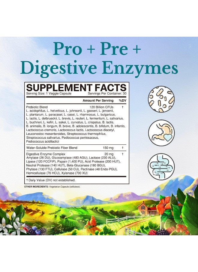 Vitalitown Vitalitown 120 Billion CFUs Probiotics 36 Strains, Prebiotics, Digestive Enzymes for Men and Women, 30 Delayed Release Veg Caps  - Image 2
