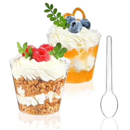 TOFLEN 50 Pack 5 oz Mini Dessert Cups with Spoons, Round Cake Cups Party Serving Cups for Parfait, Appetizers, Cocktails, Dessert Shooters & Dessert Shot Glasses - Image 1