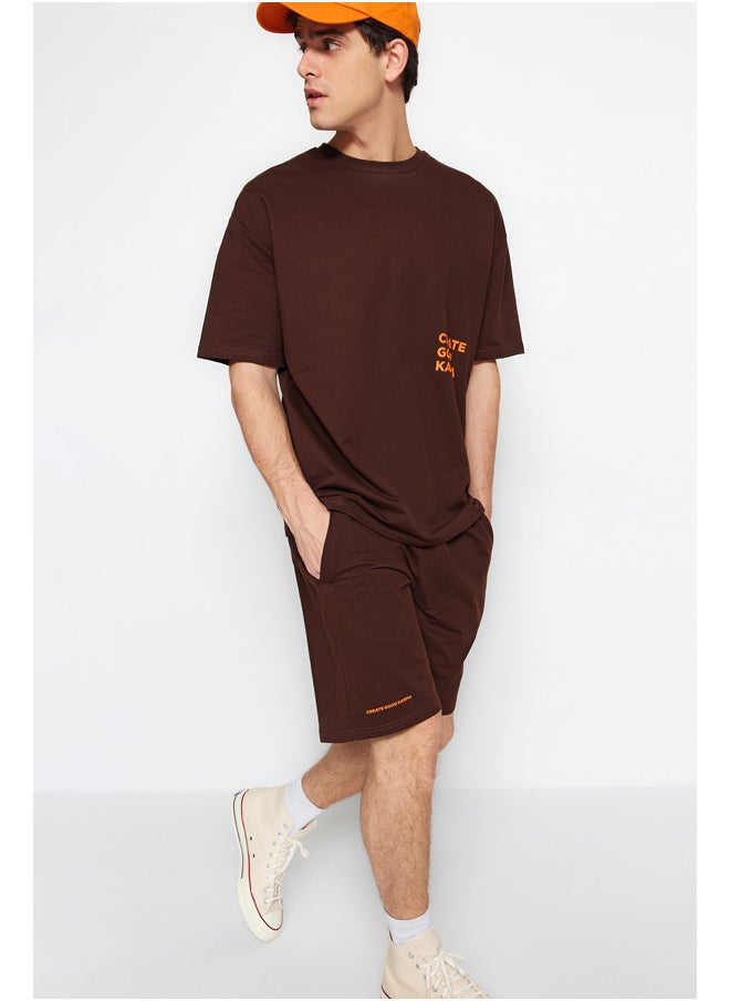 trendyol Brown Tracksuit Relaxed Text Printed Cotton TMNSS23EM00001  - Image 3