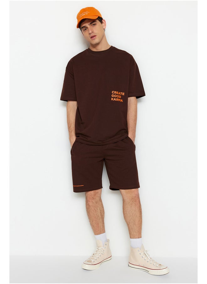 trendyol Brown Tracksuit Relaxed Text Printed Cotton TMNSS23EM00001  - Image 2