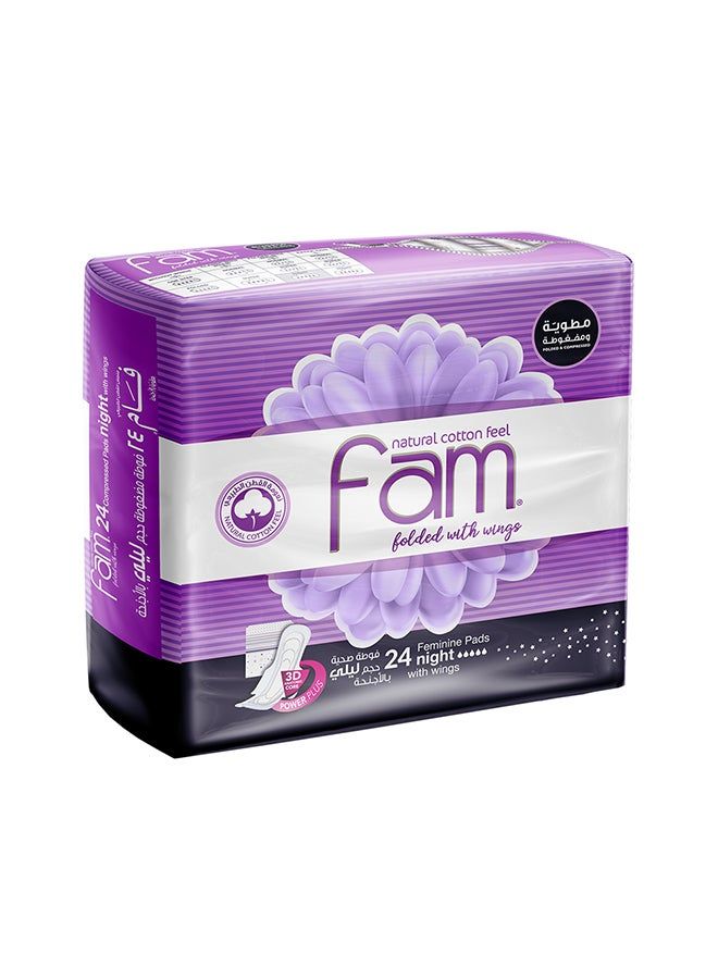 Fam Natural Cotton Feel Feminine Napkin Pads Folded with Wings -  Night 24 Pads  - Image 1