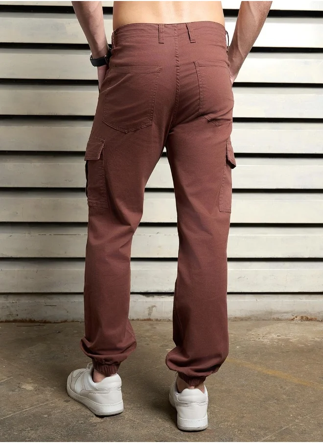 هاي ستار Men’s Straight Fit Brown Cargo Joggers – Comfortable and Modern