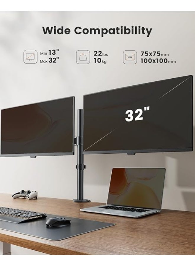 Airgear Dual Monitor Desk Mount for 13–32 Inch Screens, Adjustable Dual Monitor Arm with Tilt ±45°, 180° Swivel, 360° Rotation, VESA 75x75 & 100x100mm - Image 3