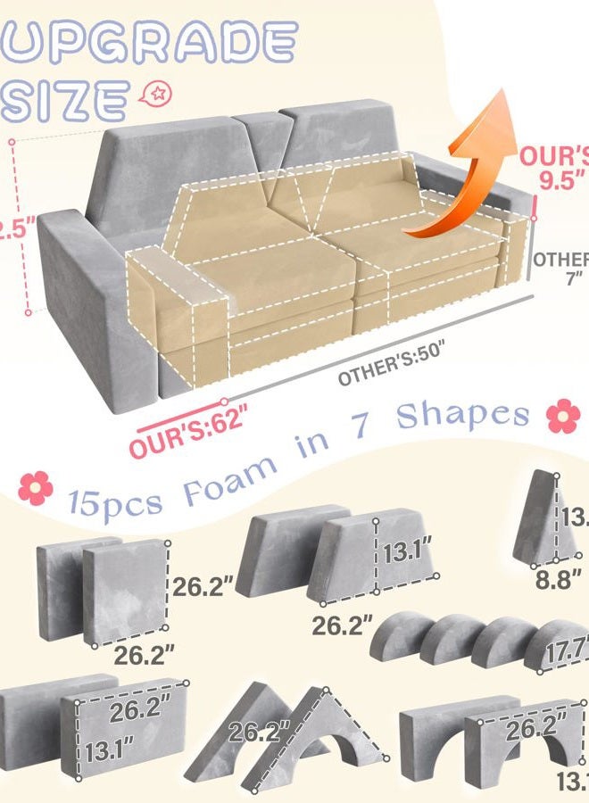 YEFU 15pcs Modular Kids Play Couch, Convertible Sofa for Toddler & Children, Grey - Image 2