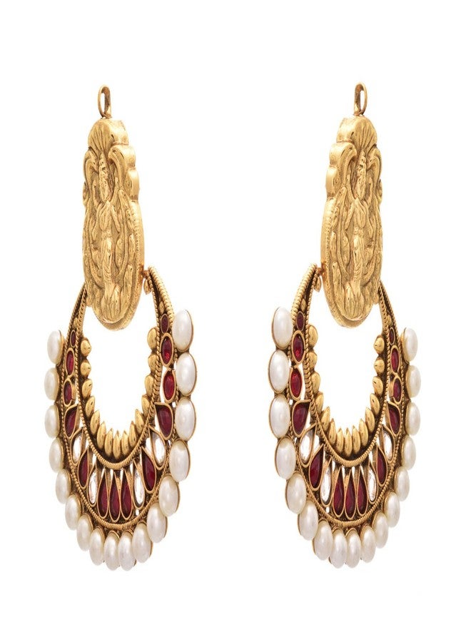 JFL - Traditional Ethnic Temple Kemp Red One Gram Gold Plated Ramleela Earrings studded with Polki and Pearls for Women and Girls,Valentine - Image 3