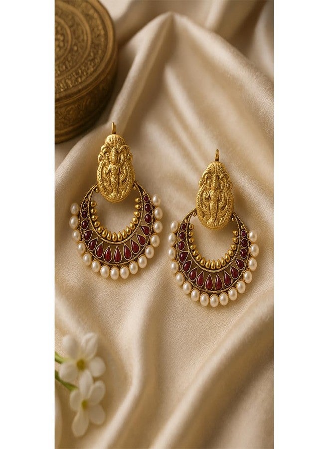 JFL - Traditional Ethnic Temple Kemp Red One Gram Gold Plated Ramleela Earrings studded with Polki and Pearls for Women and Girls,Valentine - Image 2