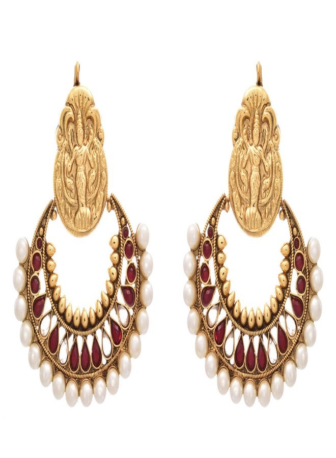 JFL - Traditional Ethnic Temple Kemp Red One Gram Gold Plated Ramleela Earrings studded with Polki and Pearls for Women and Girls,Valentine - Image 1