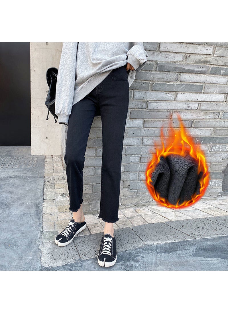 Generic Straight-leg Maternity Jeans Loose-fit For Autumn/winter Season Outer Wear Belly Support Available In 8/9 Lengths Black [cropped pants] Winter fleece-lined 