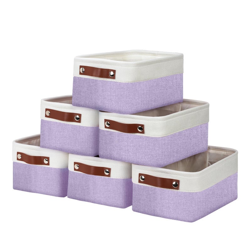 DULLEMELO Small Storage Baskets 6 Pack  Fabric Collapsible Gift Storage Baskets for Shelves  Closets  Nursery  Home  Office Organizing Small Canvas Linen Rectangular Storage Bins (White&Purple) - Image 1