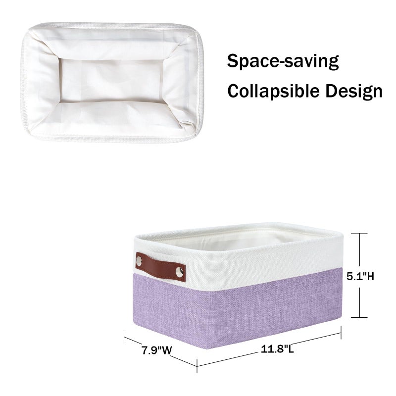 DULLEMELO Small Storage Baskets 6 Pack  Fabric Collapsible Gift Storage Baskets for Shelves  Closets  Nursery  Home  Office Organizing Small Canvas Linen Rectangular Storage Bins (White&Purple) - Image 3