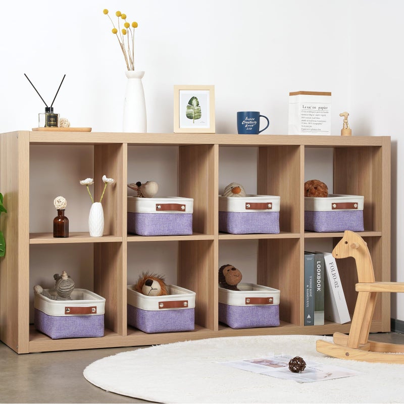 DULLEMELO Small Storage Baskets 6 Pack  Fabric Collapsible Gift Storage Baskets for Shelves  Closets  Nursery  Home  Office Organizing Small Canvas Linen Rectangular Storage Bins (White&Purple) - Image 2