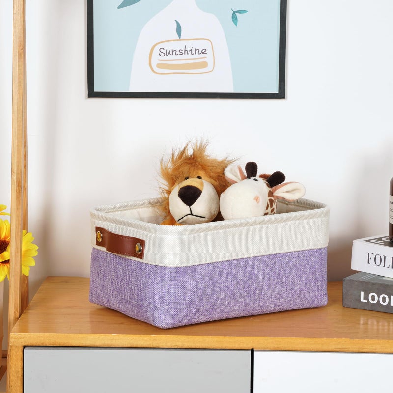 DULLEMELO Small Storage Baskets 6 Pack  Fabric Collapsible Gift Storage Baskets for Shelves  Closets  Nursery  Home  Office Organizing Small Canvas Linen Rectangular Storage Bins (White&Purple) - Image 5