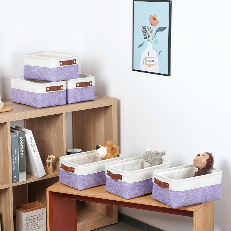 DULLEMELO Small Storage Baskets 6 Pack  Fabric Collapsible Gift Storage Baskets for Shelves  Closets  Nursery  Home  Office Organizing Small Canvas Linen Rectangular Storage Bins (White&Purple) - Image 4