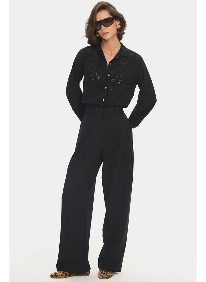 JUNE June Women Exclusive Regular/Normal Fit Linen Blend Guipure Detailed Shirt Black