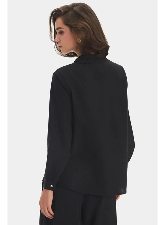 JUNE June Women Exclusive Regular/Normal Fit Linen Blend Guipure Detailed Shirt Black