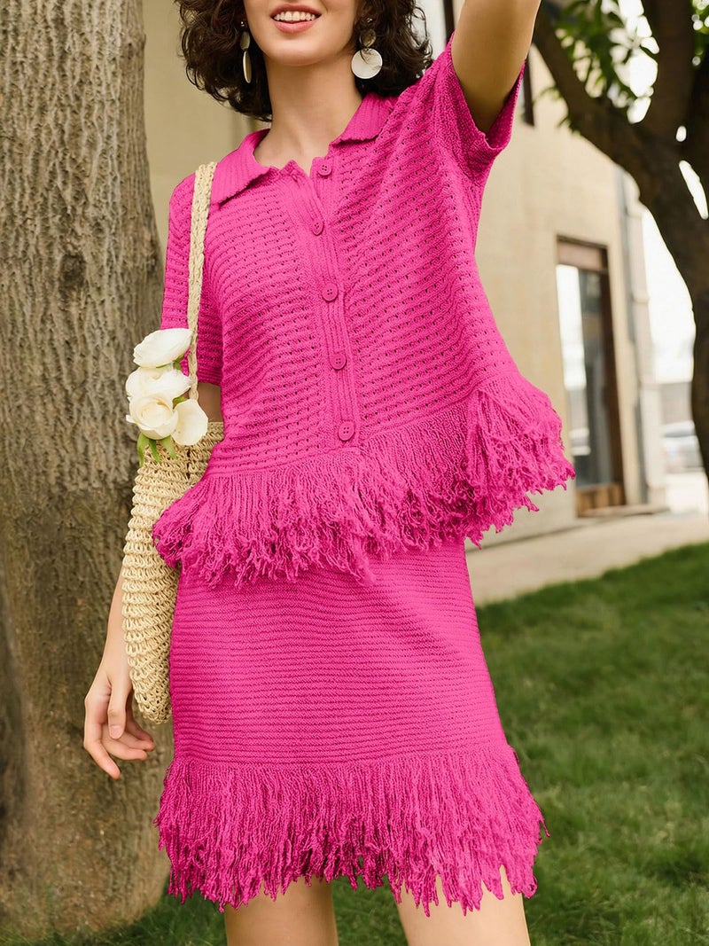 Fisoew Womens 2 Piece Crochet Outfits Short Sleeve Button Knit Sweater Tops Fringe Skirt Summer Vacation Sets Beach Cover Ups Rose Red - Image 5