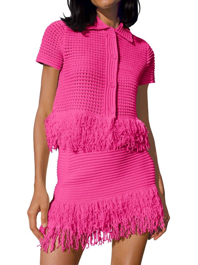 Fisoew Womens 2 Piece Crochet Outfits Short Sleeve Button Knit Sweater Tops Fringe Skirt Summer Vacation Sets Beach Cover Ups Rose Red - Image 1