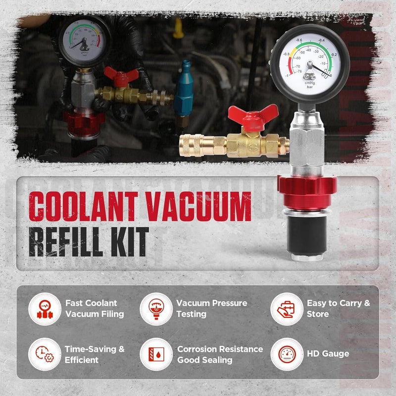 OURANTOOLS Coolant Vacuum Refill Kit Quick Vacuum Coolant Fill Kit with 5 Universal Adapters, Pressure Gauge, 41 in Fill Hose & 2 Quick Connectors for Most Vehicles - Image 2