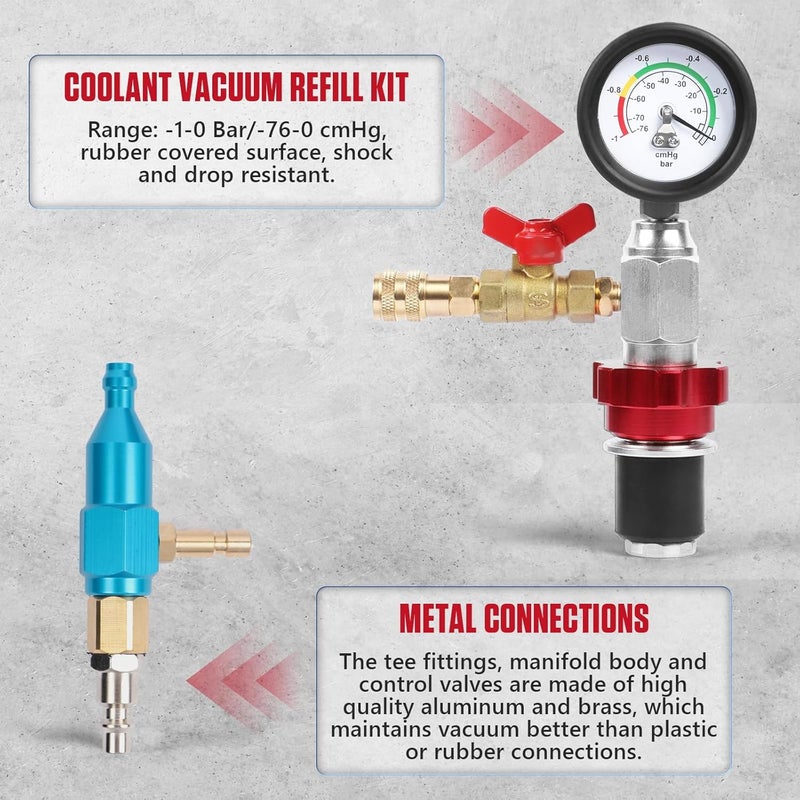 OURANTOOLS Coolant Vacuum Refill Kit Quick Vacuum Coolant Fill Kit with 5 Universal Adapters, Pressure Gauge, 41 in Fill Hose & 2 Quick Connectors for Most Vehicles - Image 4