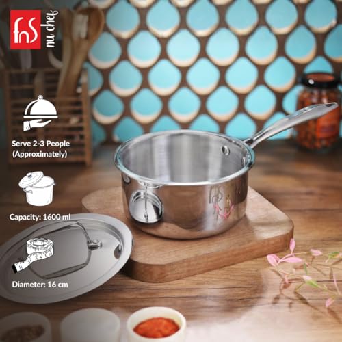FNS NuChef 16 cm Triply Stainless Steel Sauce pan with Stay-Cool Handles | Even Heat Distribution, Durable & Rust-Free Cookware - Image 4