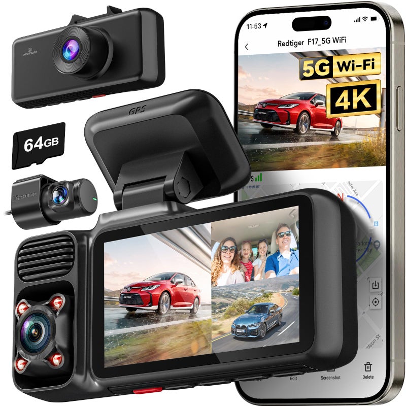 REDTIGER REDTIGER 4K 3 Channel Dash Cam Car 5G WiFi GPS, Free 64GB Map, 2160P + 1080P + 1080P Front Rear and Indoor, Loop Recording, Triple Car Camera with 3 Inch Screen, IR Night Vision, Parking Mode  - Image 1
