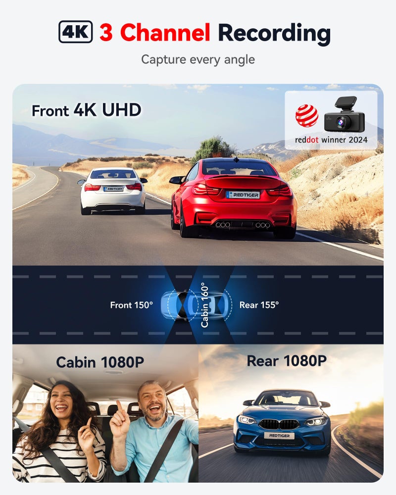 REDTIGER REDTIGER 4K 3 Channel Dash Cam Car 5G WiFi GPS, Free 64GB Map, 2160P + 1080P + 1080P Front Rear and Indoor, Loop Recording, Triple Car Camera with 3 Inch Screen, IR Night Vision, Parking Mode  - Image 2