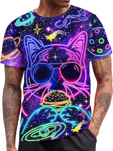 RAISEVERN Mens T-Shirts Funny Neon Cat Shirts Casual Cool Hip Hop Galaxy Space Rave Crewneck Short Sleeve Novelty Graphic Tees Holiday Festival Party Crazy T Shirt Unisex Summer Top - Image 1