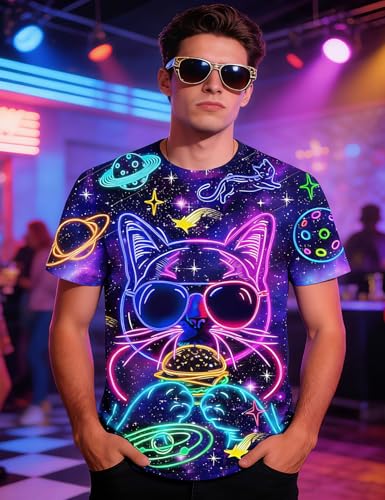 RAISEVERN Mens T-Shirts Funny Neon Cat Shirts Casual Cool Hip Hop Galaxy Space Rave Crewneck Short Sleeve Novelty Graphic Tees Holiday Festival Party Crazy T Shirt Unisex Summer Top - Image 4