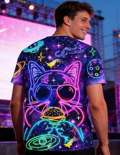 RAISEVERN Mens T-Shirts Funny Neon Cat Shirts Casual Cool Hip Hop Galaxy Space Rave Crewneck Short Sleeve Novelty Graphic Tees Holiday Festival Party Crazy T Shirt Unisex Summer Top - Image 5
